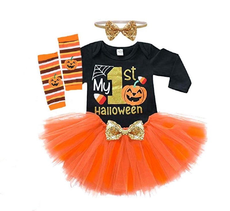 CPEI Baby Girls Halloween Outfits Costume My 1st Halloween Romper+ Tutu Skirt+ Striated Leg Warmer+ Bunny Headband 4Pcs Outfit Set (Black  6-12 Months) - Image 1